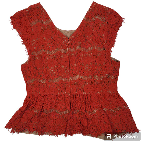 Anthropologie Maeve Lace Overlay Fit & Flare Peplum Top Cap Sleeves Red Size L - Picture 6 of 8